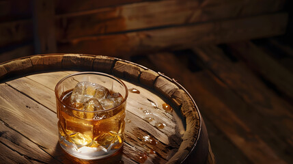 Poster - Glass of whiskey with ice cubes on the old barrel With copy space on wooden background : Generative AI