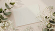 Wedding invitation card mockup natural eucalyptus white gypsophila twigs blank card mockup beige background
