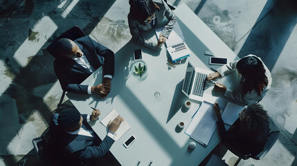 Aufkleber - Top view of group of multiethnic busy people working in an office Aerial view with businessman and businesswoman sitting around a conference table with blank copy space Business meetin : Generative AI