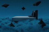 Fototapeta Góry - Cosy bed with flying pillows over fluffy clouds at night. 3D Rendering