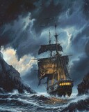 Pirate ship on stormy seas