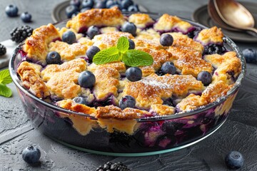 Wall Mural - Baked Blueberry Cobbler Dessert with Fresh Berries and a Crispy Golden Topping in a Rustic Serving Bowl