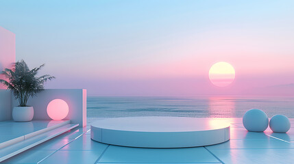 Wall Mural - Realistic pink atmosphere with sunset, sphere, podium, sea, romantic,