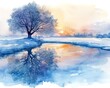 Serene snowcovered tree by a frozen lake, watercolor, handdrawn, morning light, frontal view