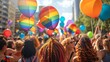 A large group of people celebrating at a Pride parade with rainbow flags and colorful balloons