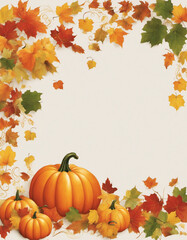 Wall Mural - Colorful Fall Decorative Border With Leaves and Pumpkins on White Background, Thanks GIving / Halloween / Autumn Design