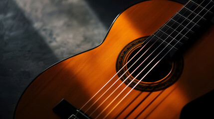 Wall Mural - Classical guitar close up dramatically lit on a black background with copy space : Generative AI