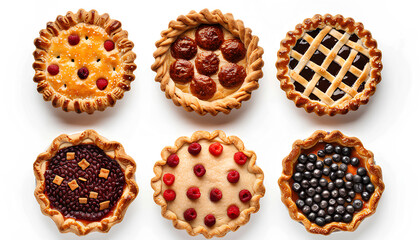 Wall Mural - Set of different tasty pies on white background, top view