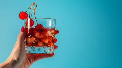 Wall Mural - Women hand holding glass with drunk cherry cocktail over blue pop art background Copy space for ad Concept of party relax alcohol : Generative AI