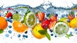 Fresh fruits and vegetables splashing in clear blue water - healthy diet concept