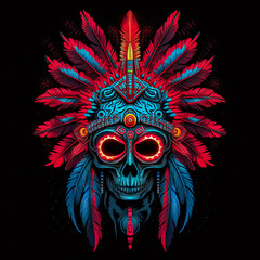 Wall Mural - A skull with a feather headdress and a red and blue background.