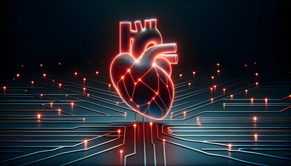 Wall Mural - Concept of heart and AI. A single prominent AI heart composed of streamlined, glowing circuits in neon red, centrally positioned against a stark, dark background.