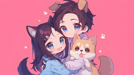 Wall Mural - chibi anime style couple dating. cute anime. color pink background