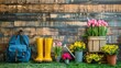 A wooden fence with a blue background and a bunch of flowers in vases