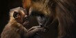 An intimate portrait of a mother baboon tenderly embracing her baby, expressing maternal love and protection