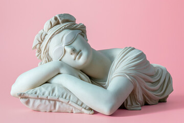 statue of a greek goddess with sleeping mask on eyes. world sleep day concept. rest and relax, daydr