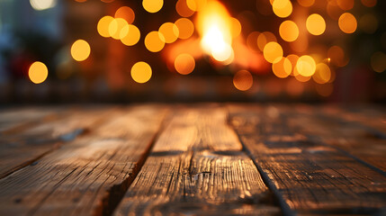 Poster - Empty wooden table on Christmas background with fireplace Copy space : Generative AI