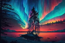 Colorful Aurora Borealis Painting At Night With A River And Surreal Landscape