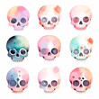 Watercolor illustration with a colored cute skull collection. Halloween Skulls Clipart set isolated on a white background