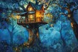The whimsical treehouse as a focal point, surrounded by vibrant, towering trees in a magical forest setting Emulate a mystical aura with a touch of wonder Traditional Art Medium