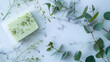 © Generative AI - Peeling green herbal soap with empty paper cover and dried eucalyptus twigs on white marble table background Bath body care handcraft product or spa wellness concept Mockup card with c : Generative AI