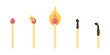 © Асель Макарова - Set of burning matches. A solid wooden match with a sulfur head that glows from ignition to extinction. Sequence of combustion stages. Vector cartoon set of wooden sticks