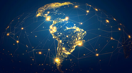 Wall Mural - A vibrant illustration featuring golden lights connecting various points across the South American continent demonstrating a network