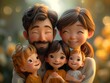 3D cartoon family reunion, warm hugs, sunset park background