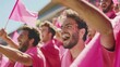group of happy people in pink shirts at the stadium