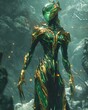 A mysterious figure with a sleek, streamlined form, adorned with brilliant gold and emerald tones that catch the eye in the murky waters it calls home , high detailed
