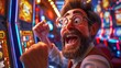 3D cartoon handsome bearded man cheering at slot machine jackpot, vibrant casino lights background