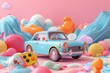 An AI art generator creates a whimsical scene featuring a toy car model with a joypad controller on a soft pink background, bursting with vivid and eyecatching hues , 3DCG