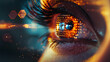 Dominant orange tones with digital hexagonal patterns reflected in an intense gaze of a cybernetic eye