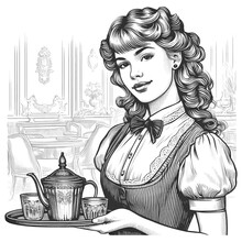 Elegant Maid Serving Tea, Set Against The Backdrop Of A Stately Room Sketch Engraving Generative Ai Fictional Character PNG Illustration. Scratch Board Imitation. Black And White Image.
