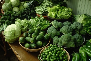 Poster - AI-generated illustration of fresh green vegetables arranged on a wooden table