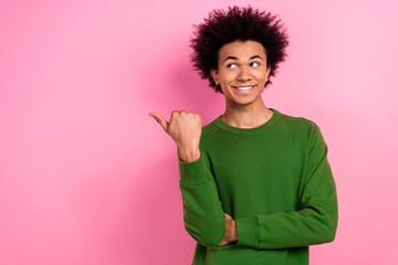 Wall Mural - Photo of happy positive guy point finger empty space adverts isolated pastel color background