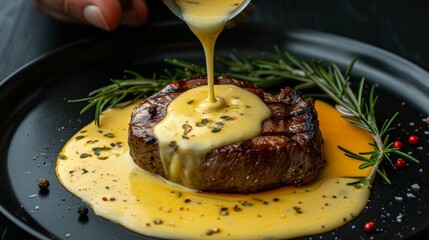 Fine dining chef crafting grilled steak in creamy lemon butter or cajun spicy sauce with herbs