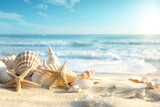 Fototapeta Łazienka - Beach summer panoramic background with seashells and starfish