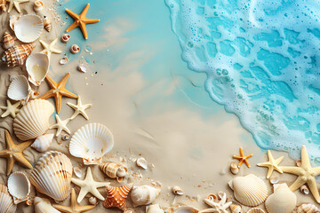 Wall Mural - Beach summer panoramic background with seashells and starfish