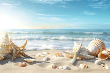 Wall Mural - Beach summer panoramic background with seashells and starfish