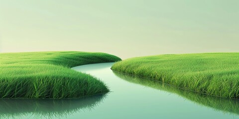 Minimalist spring stream grass simple, grass, cute landscape, aspect ratio 2:1