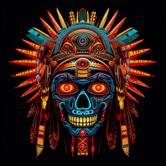 Wall Mural - A skull with a feather headdress and a red and blue background.