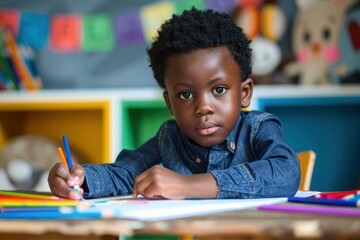 Wall Mural - Dark-skinned African American boy 4-5 years old draws with colored pencils at table in children's room. Happy childhood, preschool education concept, creative development of children