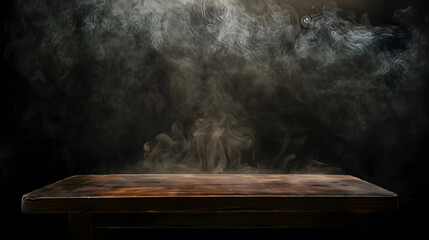 Aufkleber - On a black background an empty wooden table with smoke floats up Empty space for displaying your products with a smoke float up on a dark background Space available for displaying your : Generative AI