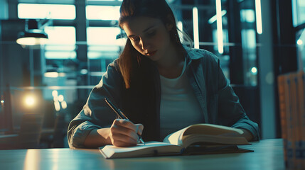 Poster - Young Businesswoman Sitting At Desk Writing In Notebook In Modern Open Plan Office : Generative AI