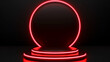 Neon round podium with red lights on black background. 3D rendering