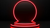 Fototapeta  - Neon round podium with red lights on black background. 3D rendering