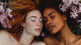 Two naked women with freckled hair are lying side by side on the ground