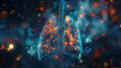 Cosmic themed artistic rendition of human lungs with energetic fiery particles around
