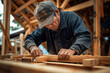 © Rattanapon - Senior Asian carpenter working with equipment on wooden table, building his house.